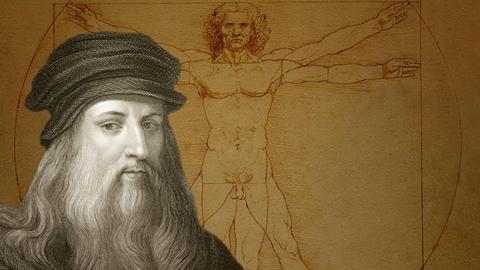 Zeichnung Vitruvianischer Mann, davor Leonardo da Vinci, italienischer Maler, Bildhauer, Architekt, Ingenieur, historische Illustration 