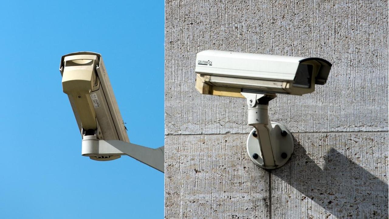 Am einem ehemaligen Dienstgebäude der Deutschen Bundesbank in Dresden (Sachsen) sind am 18.05.2015 zwei Kameras zur Video- Überwachung zu sehen.
