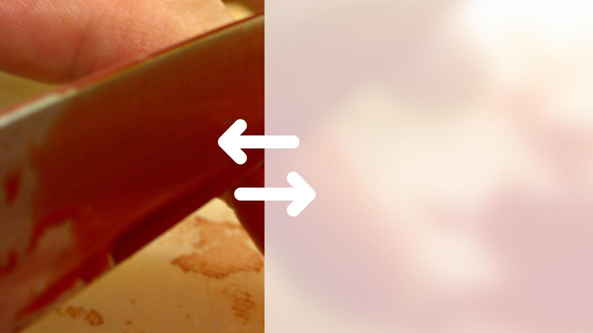 Ein teilweise verfremdetes Bild eines Messer, das in einen Finger schneidet.