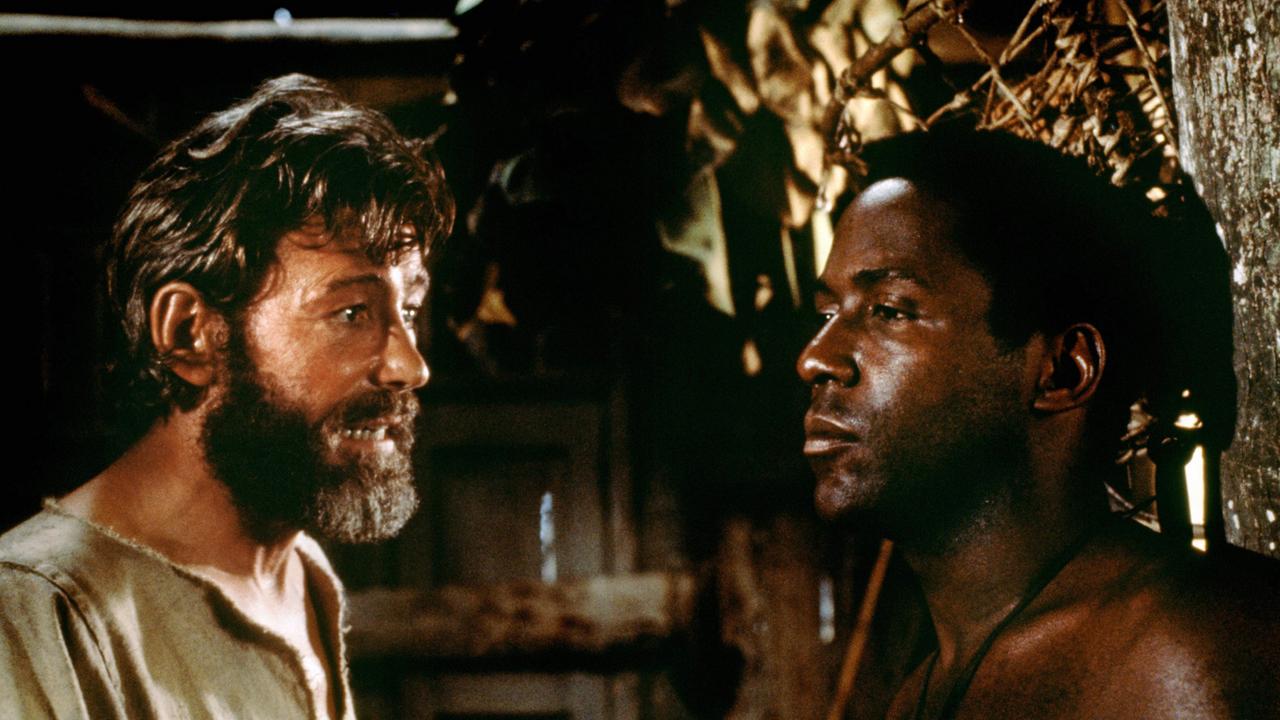 Szene aus der Robinson-Crusoe-Verfilmung "Freitag und Robinson" von Jack Gold aus dem Jahr 1975 mit Peter O’Toole und Richard Roundtree in den Hauptrollen