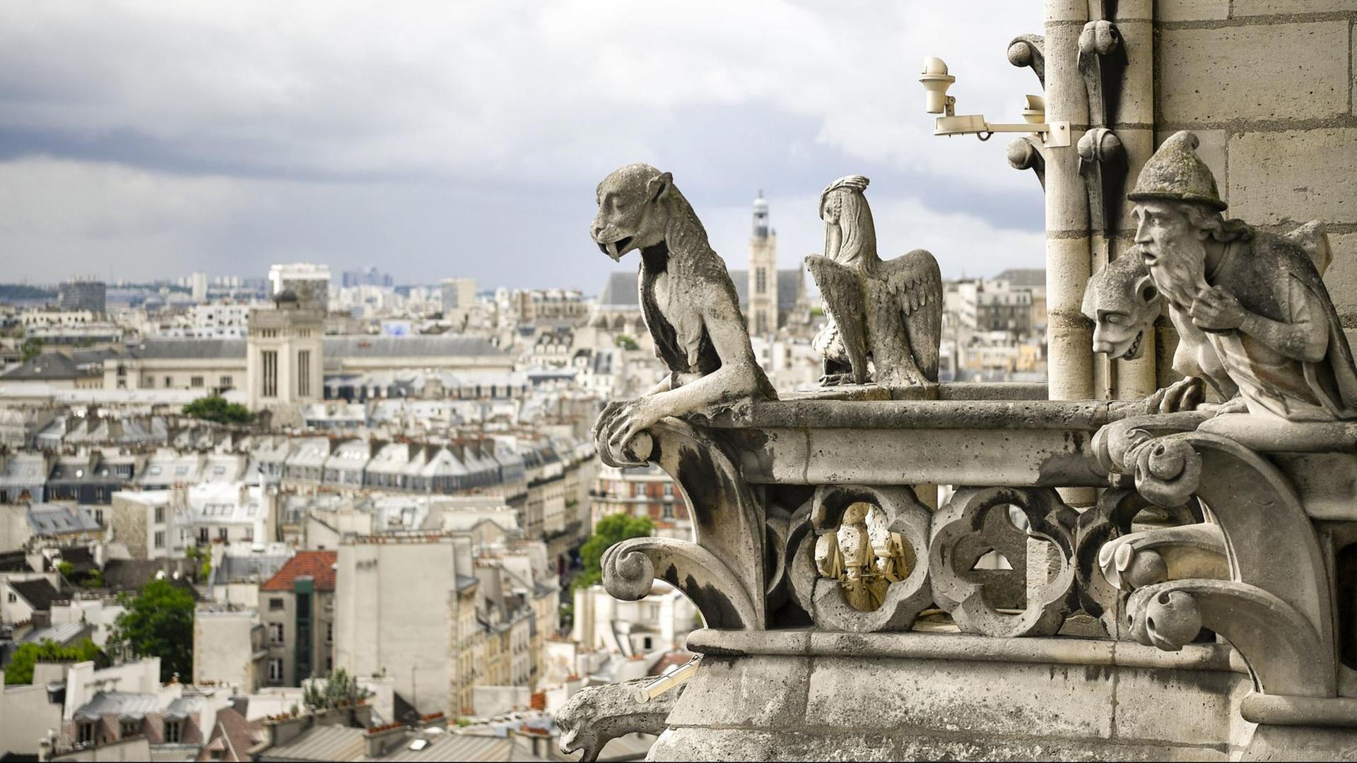 Zwei Skulpturen auf dem Dach der Pariser Kathedrale Notre-Dame (2017).