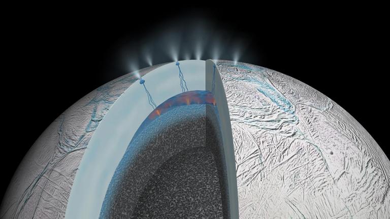 Unter der Eiskruste von Enceladus könnte es einen tiefen Ozean geben (Zeichnung).
