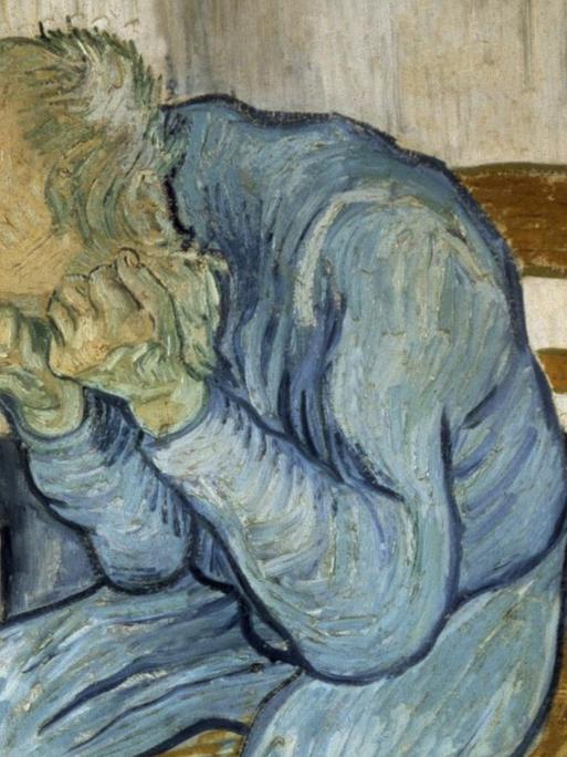 Das Bild wurde von Vincent van Gogh gemalt und zeigt einen trauernden alten Mann, der sein Gesicht in den Händen verbirgt.
