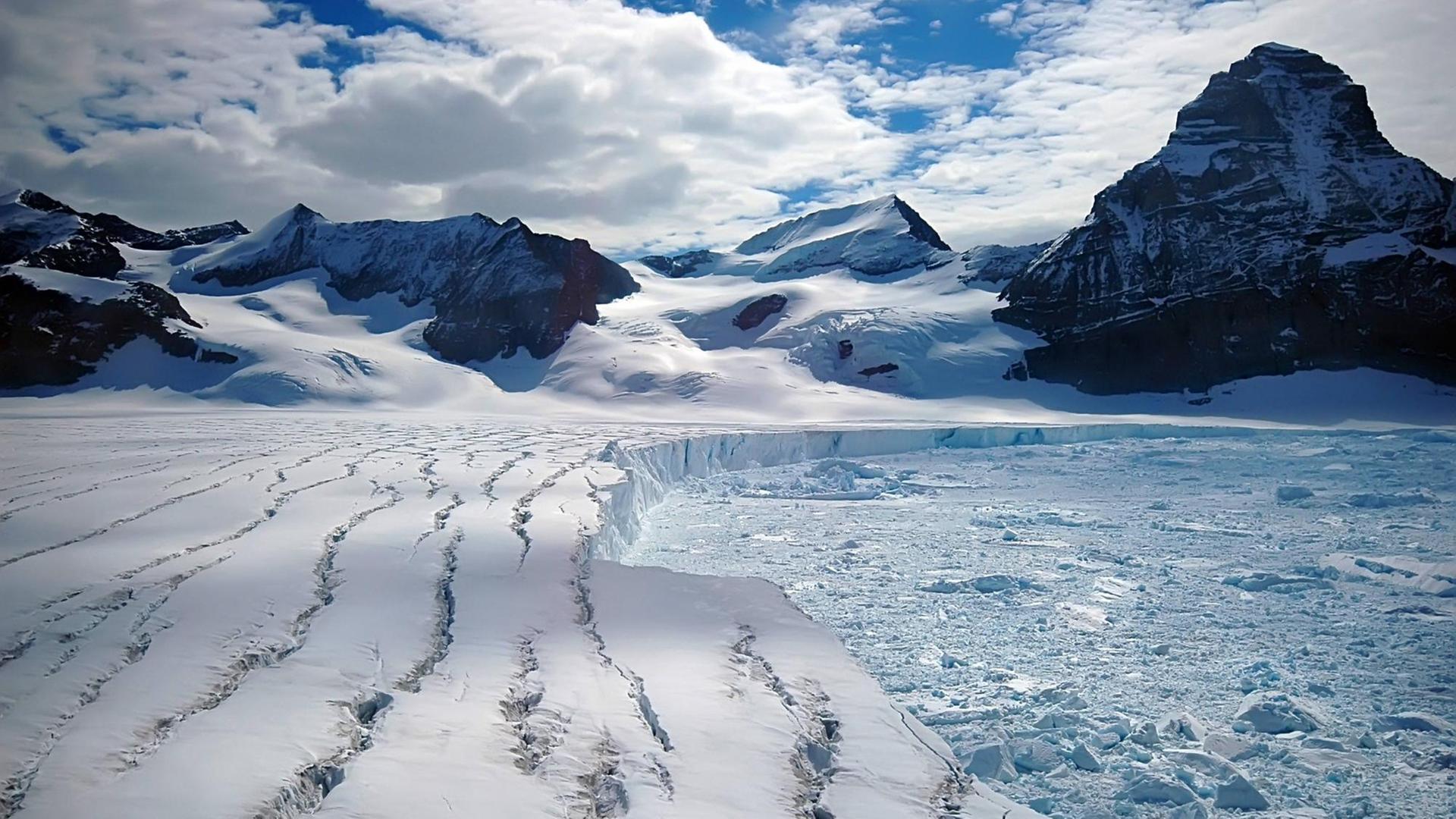 Antarktischer Gletscher des schmelzenden Larsen B Eisschelfs (Antarktische Halbinsel) mit Rissen