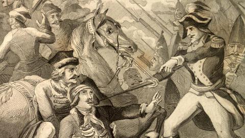 Kosciuszko gefangen / aus: Rotteck Kosciuszko, Tadeusz; poln.General u.Na- tionalheld; 1746-1817. - "Kosciusco gefangen". (Polnischer Auf- Aufstand; Schlacht bei Maciejowice 10. Okt.1794; Polen unterliegt der russ.- preussischen Uebermacht). - Stahlstich, unbez. Aus: Bilder-Gallerie zur allgem.Weltgesch. von C.v.Rotteck; Karlsruhe und Freiburg (B.Herder) 1842. Berlin, Slg.Archiv f.Kunst & Geschichte. |