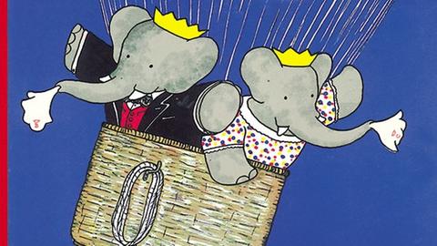 Das Elefantenpaar Barbar und Celeste auf Hochzeitsreise in einem Heißluftballon