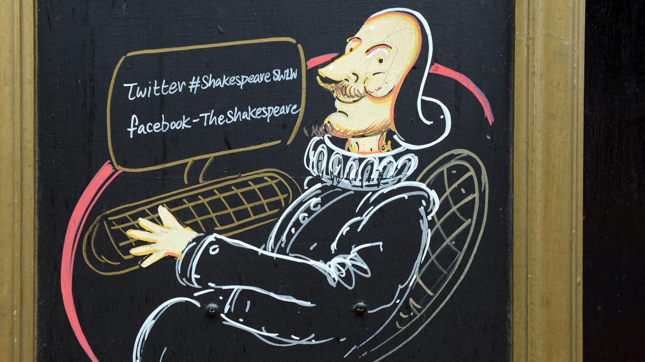 Shakespeare mit einem Twitter- und einem Facebook-Account in einem Pub in London