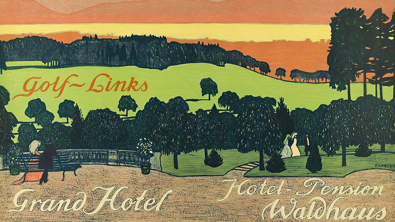 Ein historisches Werbeplakat für das Grand-Hotel Waldhaus zeigt eine Terasse, auf der Menschen sitzen und in der Ferne eine Landschaft mit Bergen.