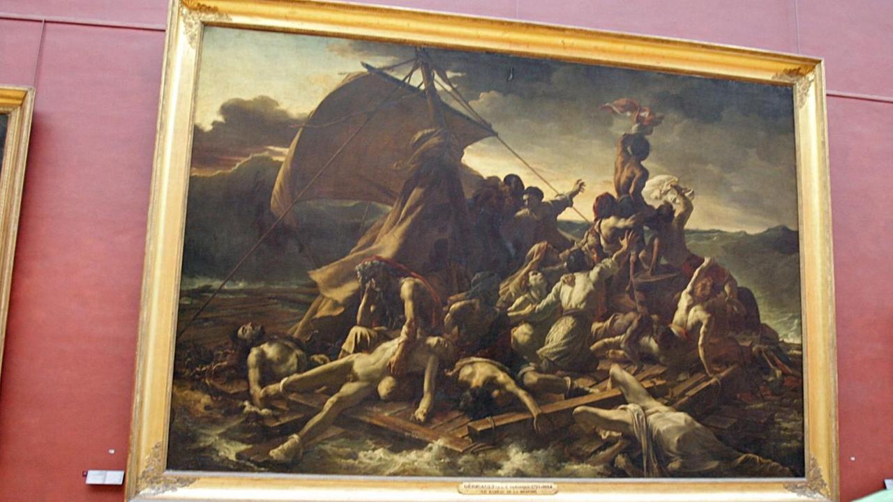 Besucher stehen am Montag (26.03.2007) im Louvre in Paris vor dem Gemälde "Das Floß der Medusa" von Theodore Gericault.