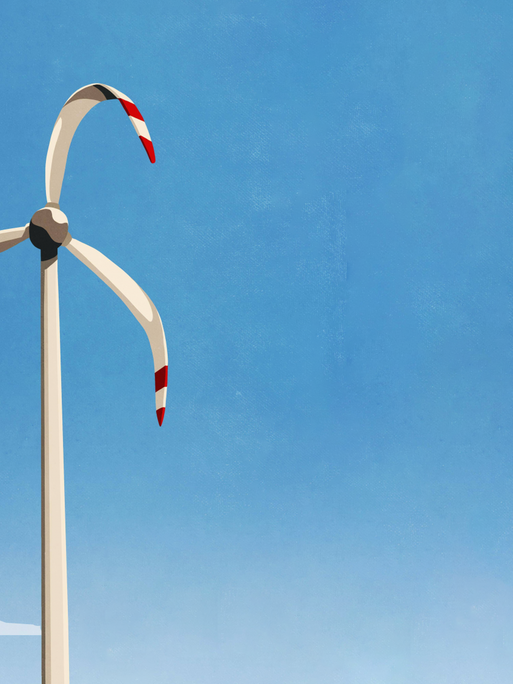Illustration: Ein Windrad mit herunterhängenden Rotorblättern vor blauem Himmel.