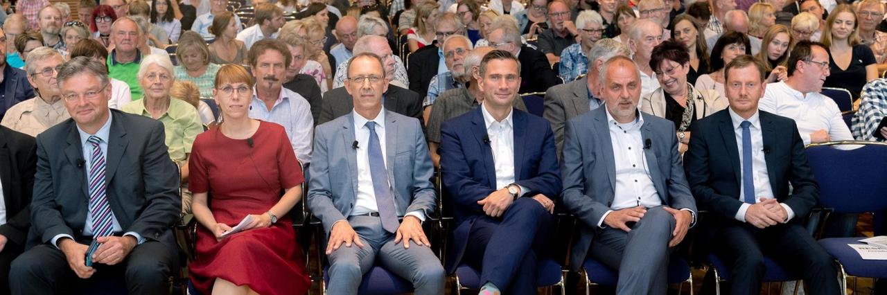 Die Spitzenkandidaten in Sachsen (von links nach rechts): Holger Zastrow (FDP), Katja Meier (Bündnis 90/Die Grünen), Jörg Urban (AfD), Martin Dulig (SPD), Rico Gebhardt (Die Linke) und Michael Kretschmer (CDU).