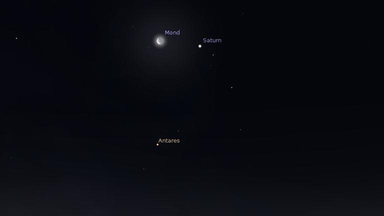Mond, Saturn und Antares zeigen sich morgen früh tief im Südosten