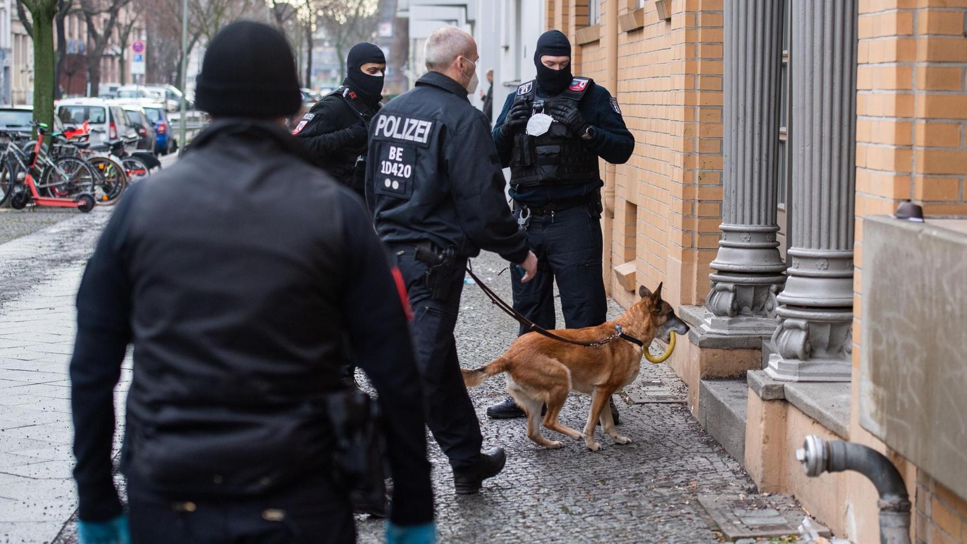Berlin: Polizisten gehen bei einer Razzia mit einem Hund in ein Haus.