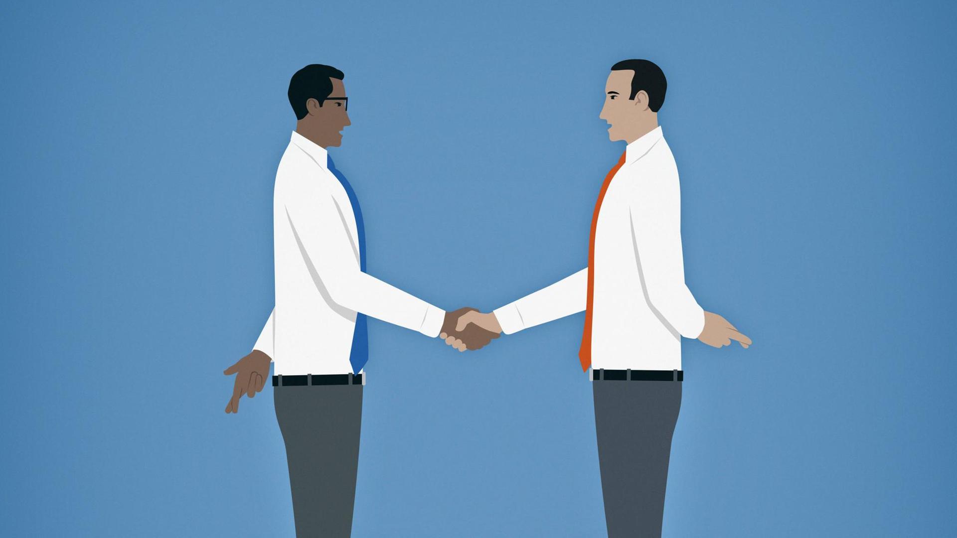 Eine Illustration von zwei Geschäftsmännern. Sie kreuzen die Finger hinter ihrem Rücken beim Handschlag. Der Hintergrund ist blau.