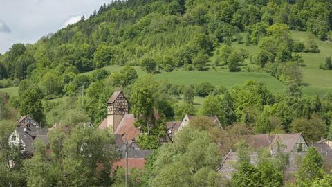 Ein Dorf zwischen Bäumen und Büschen vor einem begrünten Berg.