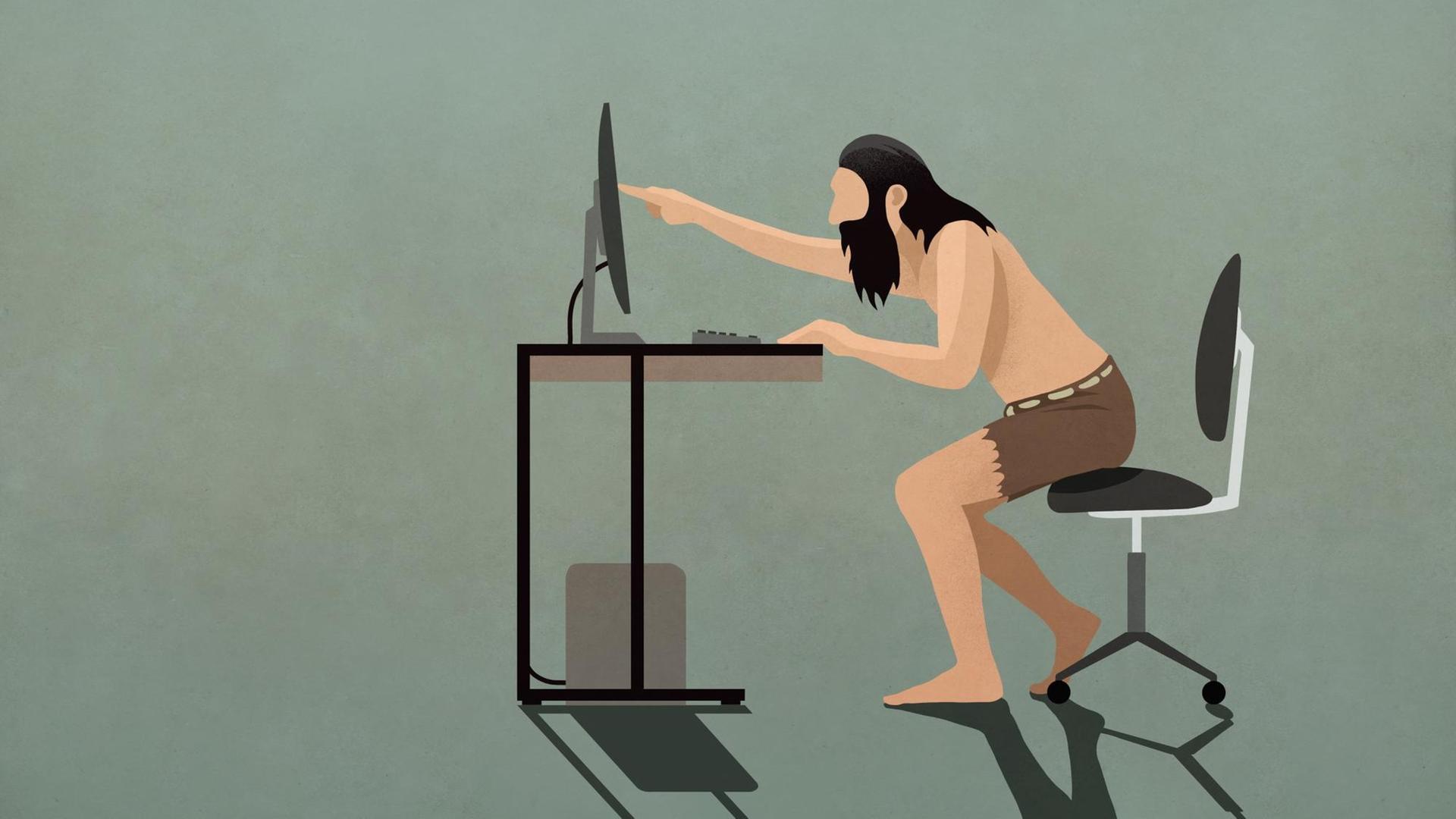 Illustration: Ein Neandertaler sitzt an einem Schreibtich und zeigt mit dem Finger auf den Bildschirm des Computers.