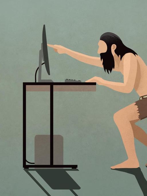 Illustration: Ein Neandertaler sitzt an einem Schreibtich und zeigt mit dem Finger auf den Bildschirm des Computers.