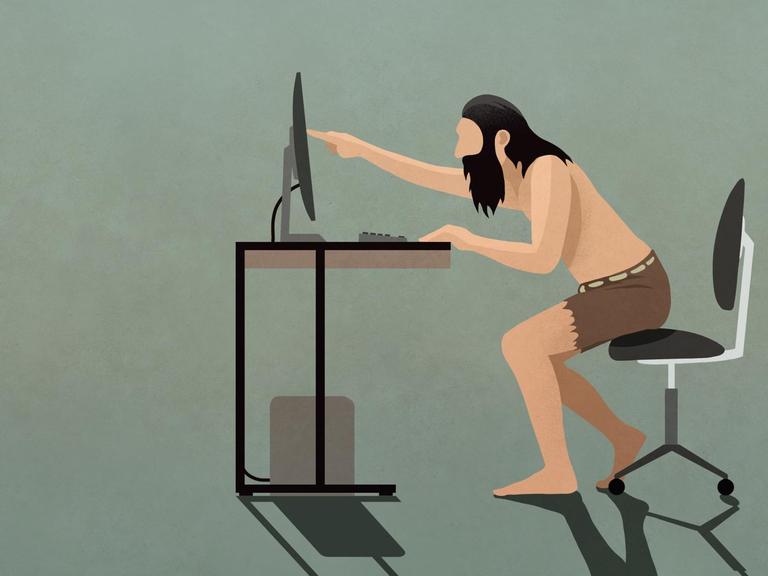 Illustration: Ein Neandertaler sitzt an einem Schreibtich und zeigt mit dem Finger auf den Bildschirm des Computers.