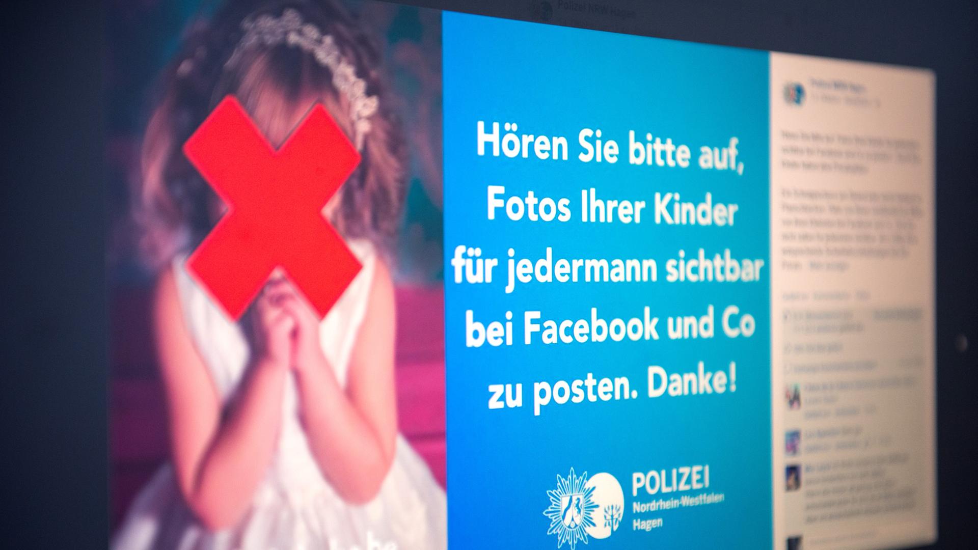Facebook-Post der Polizei Hagen mit einem durchgestrichenem Foto eines Mädchens und dem Appell "Hören Sie bitte auf, Fotos Ihrer Kinder für jedermann sichtbar bei Facebook und Co zu posten. Danke!"