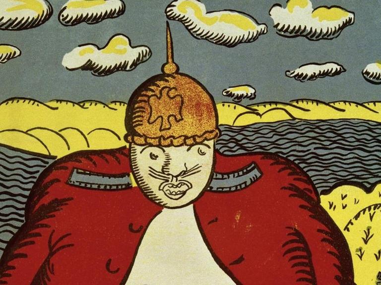 Eine russische Karikatur aus dem ersten Weltkrieg. Abgebildet ein beleibter Deutscher mit Pickelhaube.