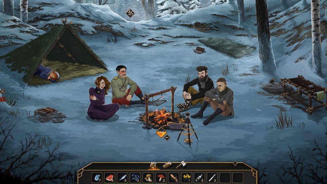 Vier Spielefiguren sitzen im düsteren Wald um ein Lagerfeuer herum. Im Zelt schläft eine 5.Person
