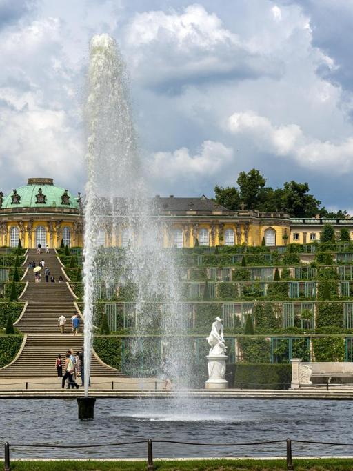Große Fontäne fügen sich im Schlosspark Sanssouci harmonisch in die Parklandschaft.