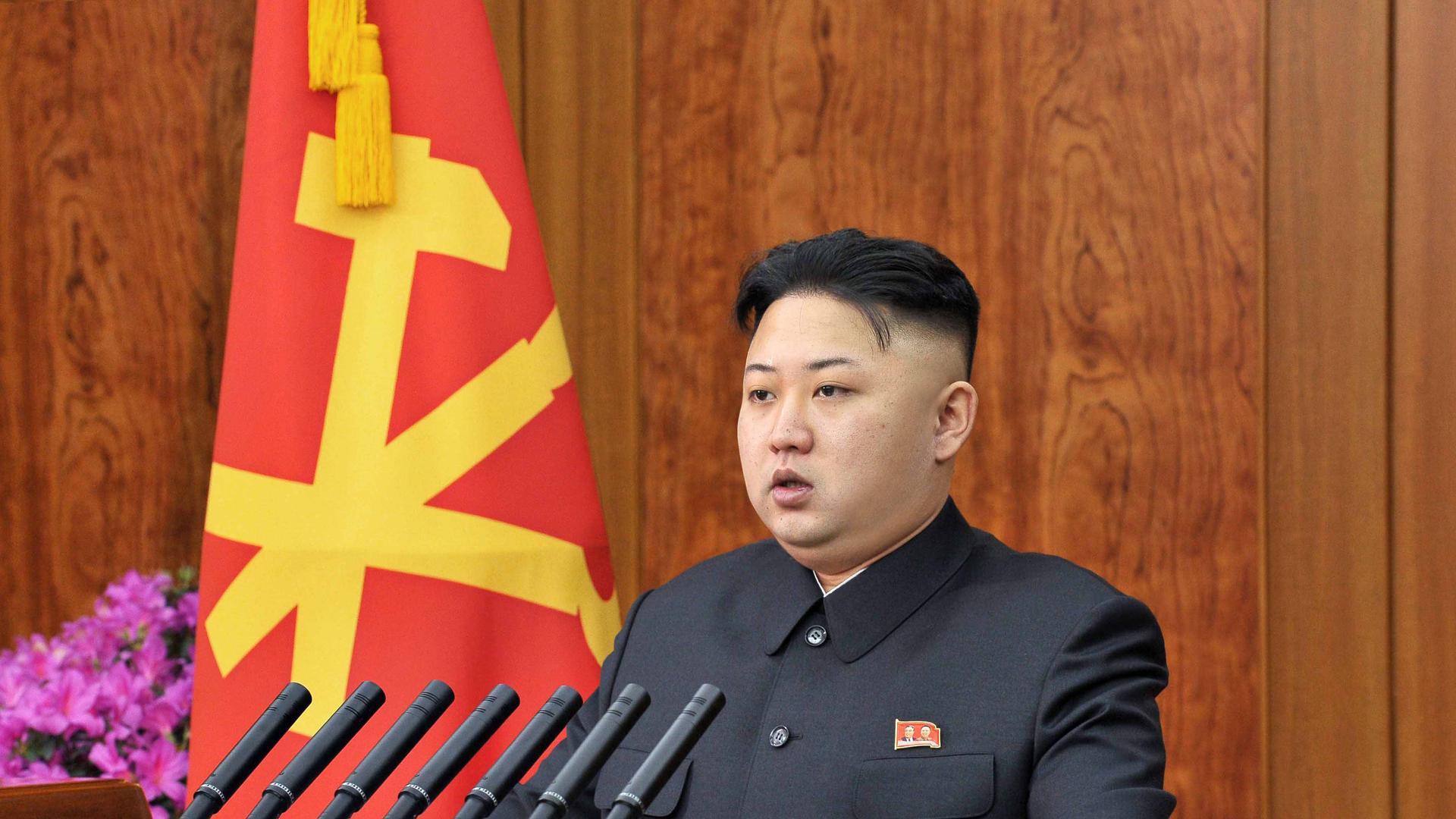epa03521561 A photo released by the North Korean Central News Agency (KCNA) on 01 January 2013 of North Korean leader Kim Jong Un delivering a New Year's Day address in Pyongyang, North Korea. Building 'an economic giant' is this year's priority but antag epa03521561 A photo released by the North Korean Central News Agency (KCNA) on 01 January 2013 of North Korean leader Kim Jong Un delivering a New Year's Day address in Pyongyang, North Korea. Building 'an economic giant' is this year's priority but antag