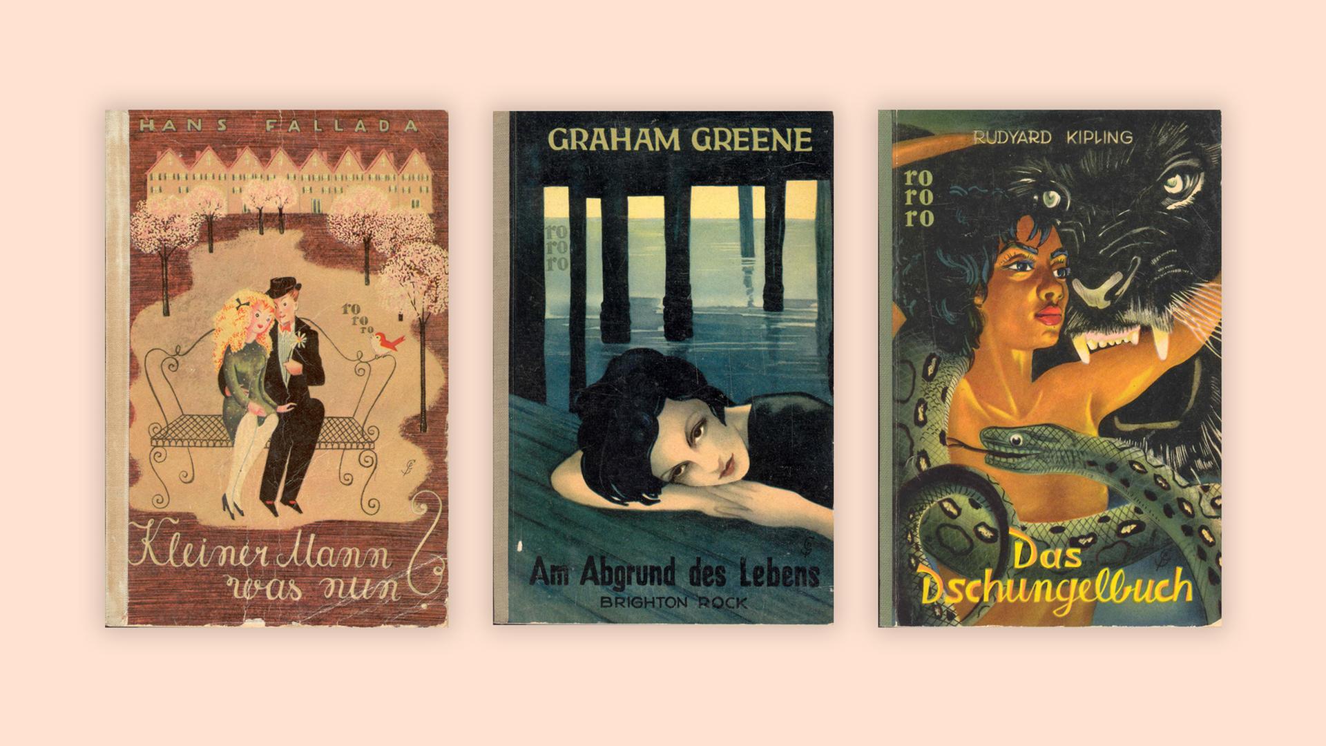 Zu sehen sind drei historische Cover von Hans Fallada „Kleiner Mann, was nun“, Graham Greene „Am Abgrund des Lebens“ und Rudyard Kipling „Das Dschungelbuch“