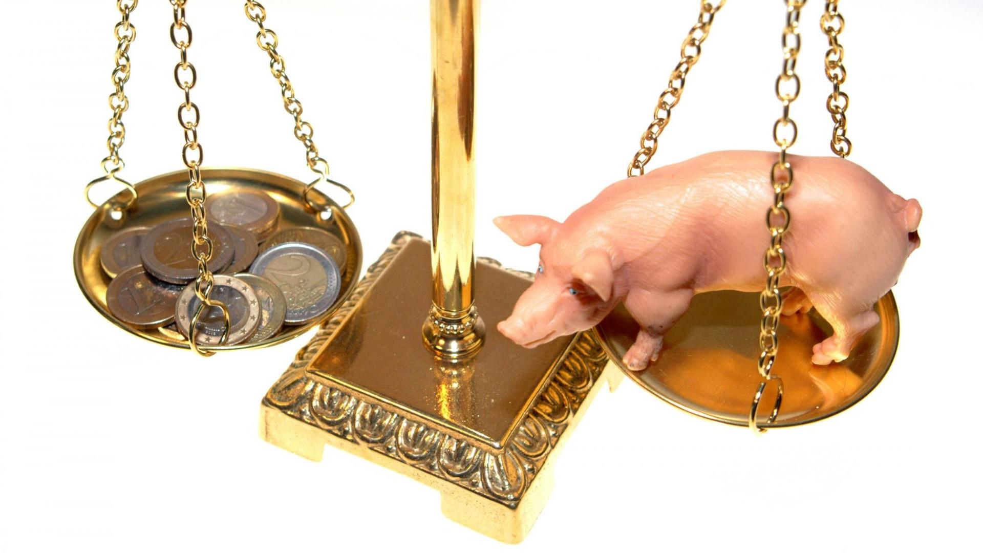 Ein Spielzeugschwein wird auf einer Waage mit Geld aufgewogen