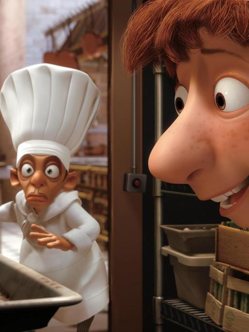 Im Kinofilm "Ratatouille" sitzt die Ratte Remy in der Küche eines Restaurants in Paris und wird von Chefkoch Skinner (M) und Hilfskoch Linguini (r) angestarrt (undatierte Filmszene).