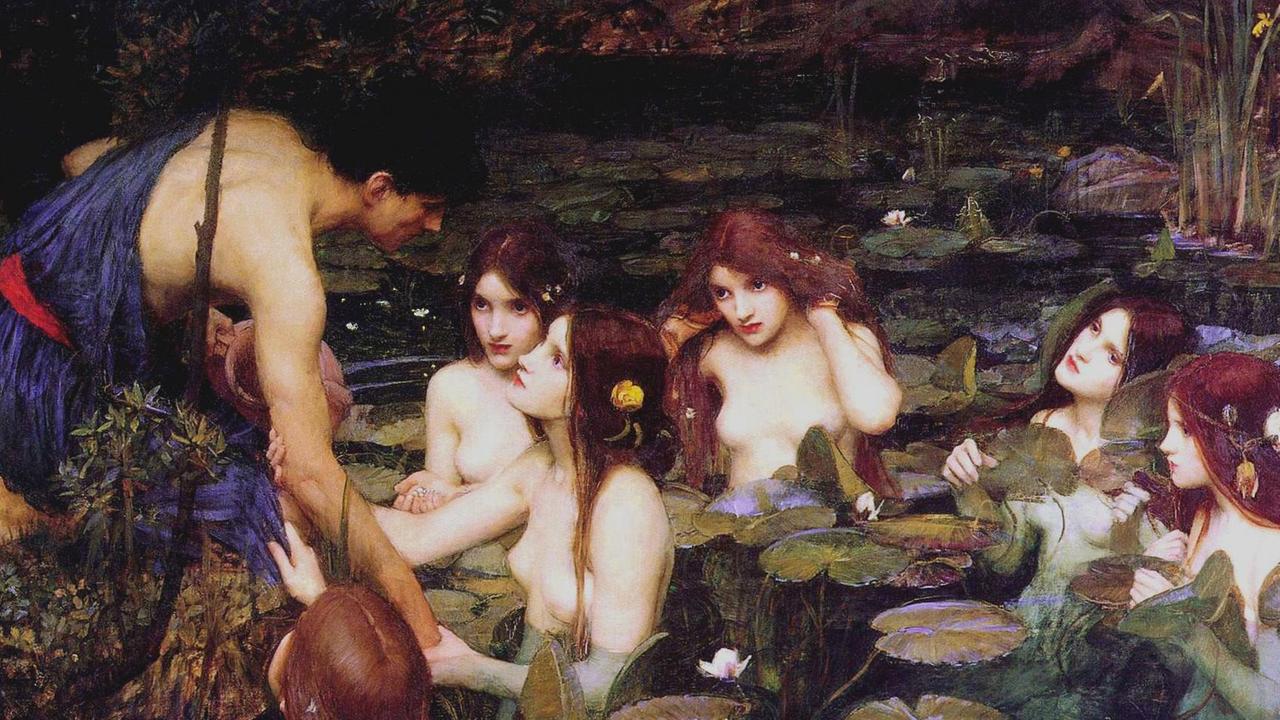Das Gemälde "Hylas und die Nymphen" (1896) des britischen Malers John William Waterhouse. Das Ölgemälde zeigt eine Szene aus der antiken Mythologie, in der ein junger Mann von mehreren nackten Nymphen in einen Teich in den Tod gelockt wird.