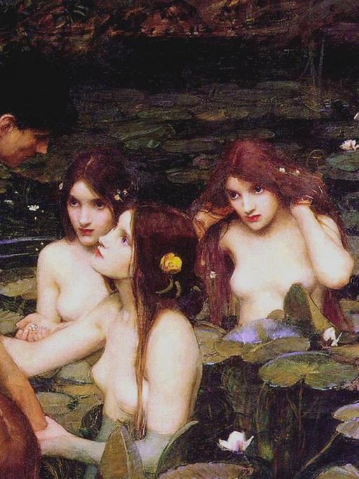 Das Gemälde "Hylas und die Nymphen" (1896) des britischen Malers John William Waterhouse. Das Ölgemälde zeigt eine Szene aus der antiken Mythologie, in der ein junger Mann von mehreren nackten Nymphen in einen Teich in den Tod gelockt wird.
