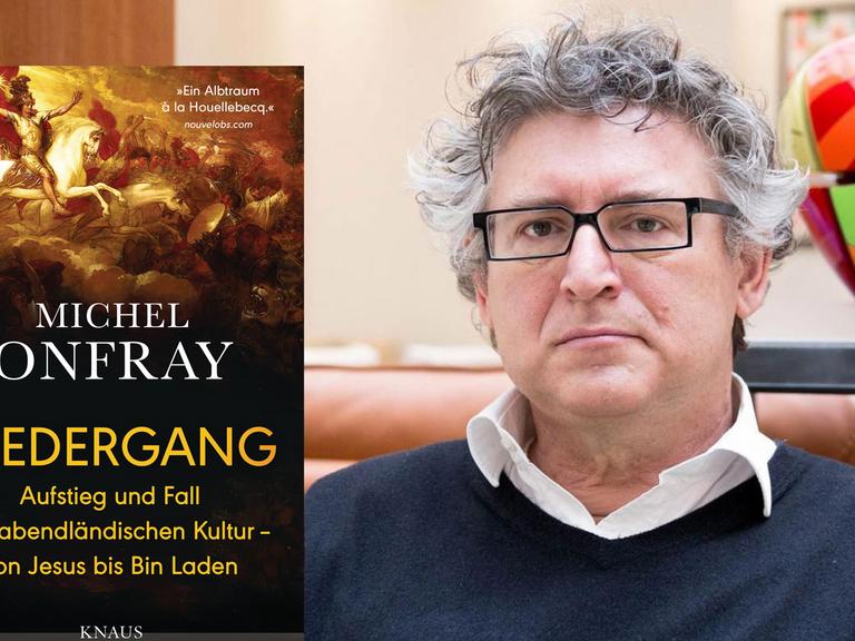 Buchcover "Niedergang" und der französische Philosoph Michel Onfray