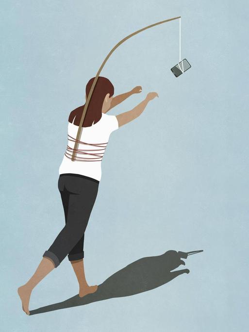 Illustration einer Person, die einem Smartphone hinterherläuft, das vor ihr hängt, aber an ihrem Rücken befestigt ist.