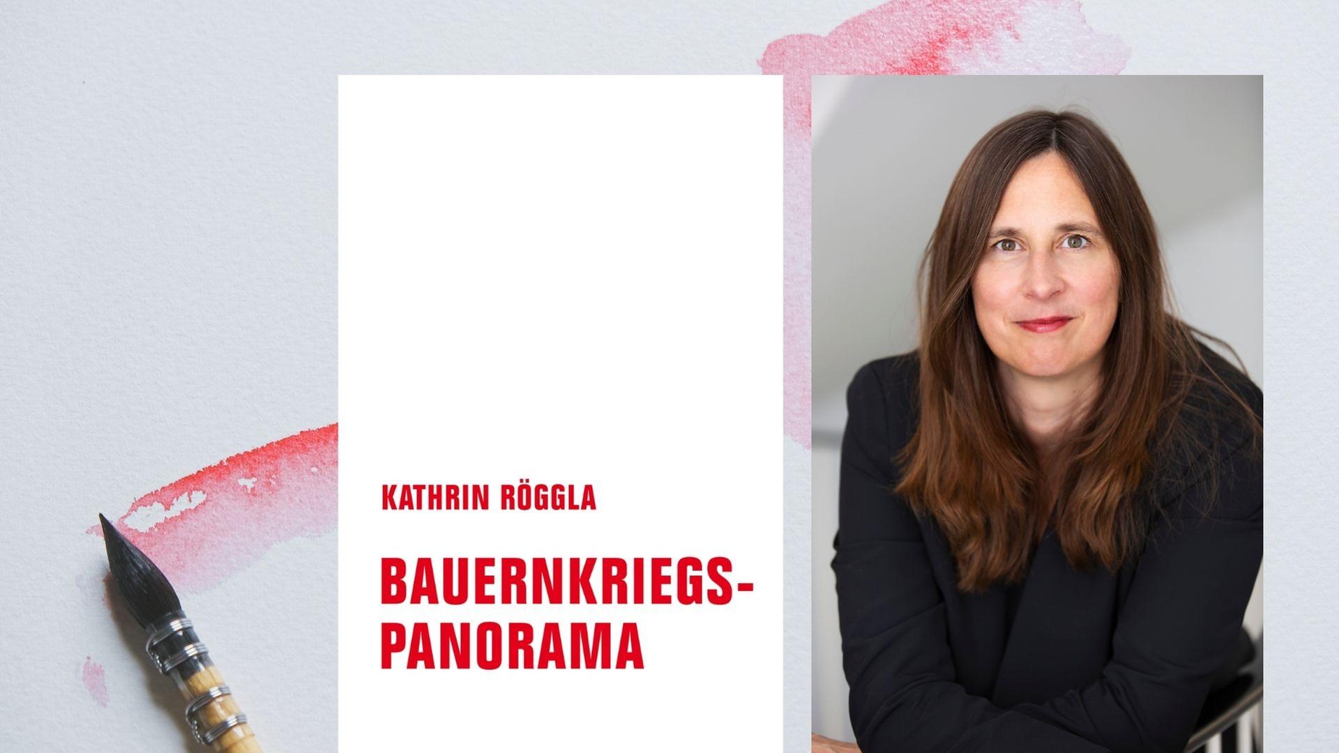 Collage: Buchcover Bauernkriegspanorama / Portrait Kathrin Röggla/ Hintergrund Stockimage