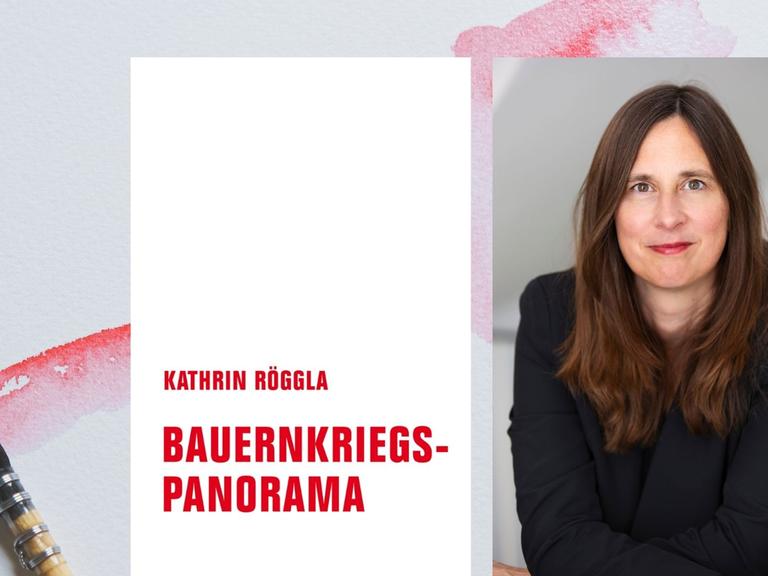 Collage: Buchcover Bauernkriegspanorama / Portrait Kathrin Röggla/ Hintergrund Stockimage