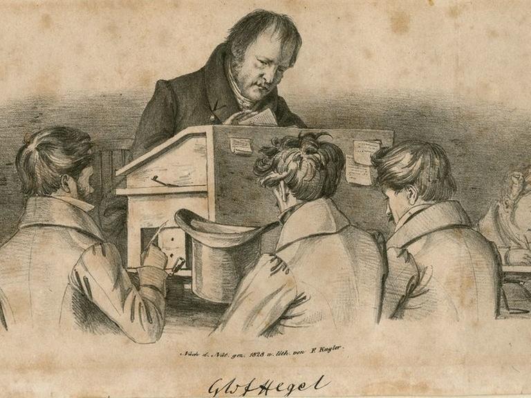 Georg Wilhelm Friedrich Hegel am Rednerpult, umgeben von drei jungen Männern, die Notizen machen. Litho von Franz Theodor Kugler, 1828