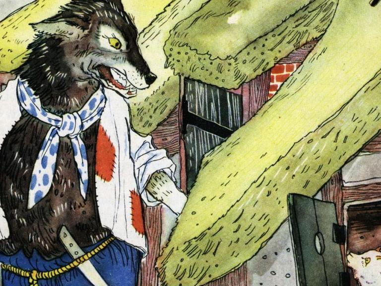 In der Illustration zum Märchen "Der Wolf und die sieben Geißlein" klopft der Wolf in Menschenkleidung an die Tür der Geißen.