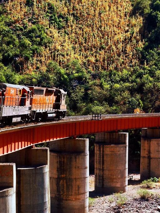 Ein Zug der Chihuahua Pacific Railway überquert die Santa Barbara Brücke auf der Strecke Sierra Madre Occidental in Mexiko.