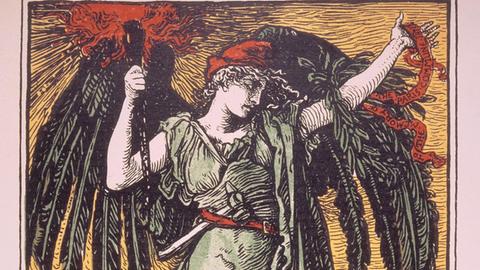 Ein kolorierter Holzstich zeigt als Allegorie der Pariser Kommune, eine grüne gewandete Frau mit Engelsflügeln, die eine rote Jakobinermütze trägt und ein rotes Banner in die Höhe streckt. Unten im Hintergrund ist die Sil- houette von Paris zu erkennen. Gedenkblatt, Pariser Kommune, 1901 Frankreich, Maerz 1871. Pariser Kommune. - "Dem Angedenken der Kommune von Paris" (Engel mit Jakobinermuetze vor der Sil- houette von Paris). - Farbholzstich nach Walter Crane, 1901.
