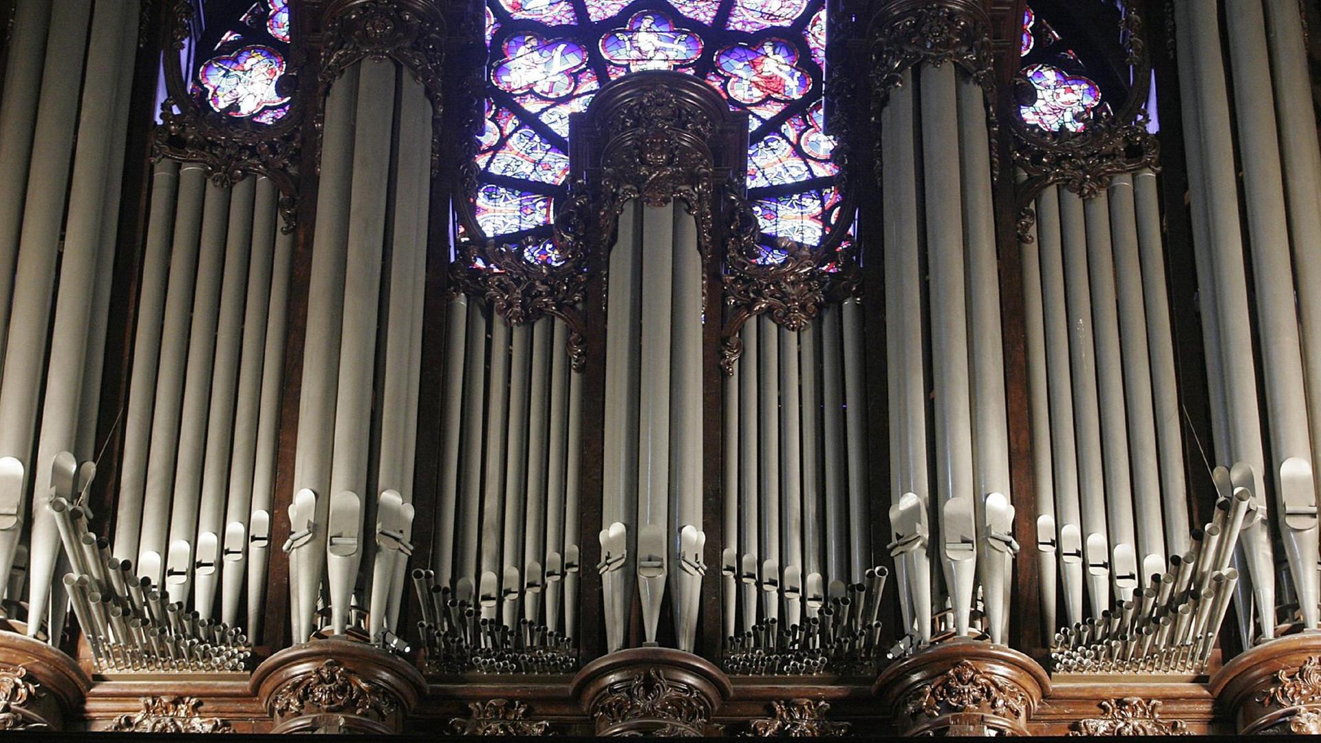 Vor einem rosettenförmigen Kirchenfenster aus blauem, rotem und lilafarbenem Glas stehen viele metallene Orgelpfeifen, eingebundem von reich verziertem Holz.