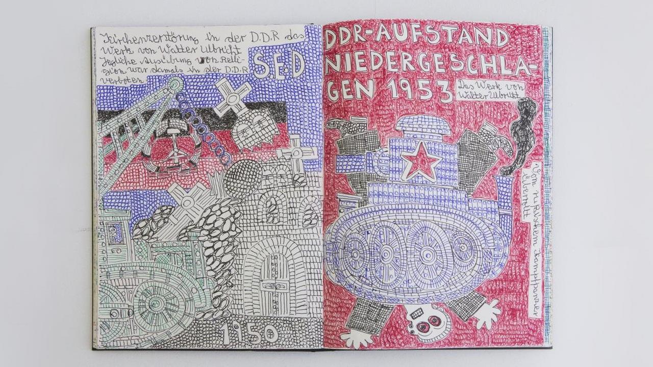 Eine illustrierte Doppelseite von Andreas Maus, auf der rechten Seite ist die Aufschrift "DDR-Aufstand Niderschlagen 1953" zu lesen.