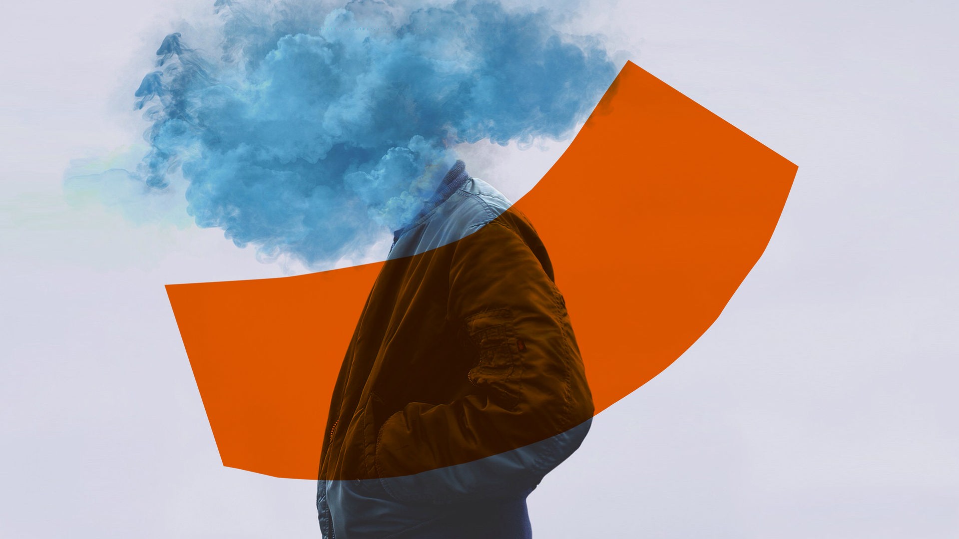 Hörspiele von Deutschlandfunk und Deutschlandfunk Kultur. Die Illustration zeigt einen Menschen mit Jacke, dem anstelle von Kopf und Hals eine Rauchwolke aus dem Jackenkragen quillt