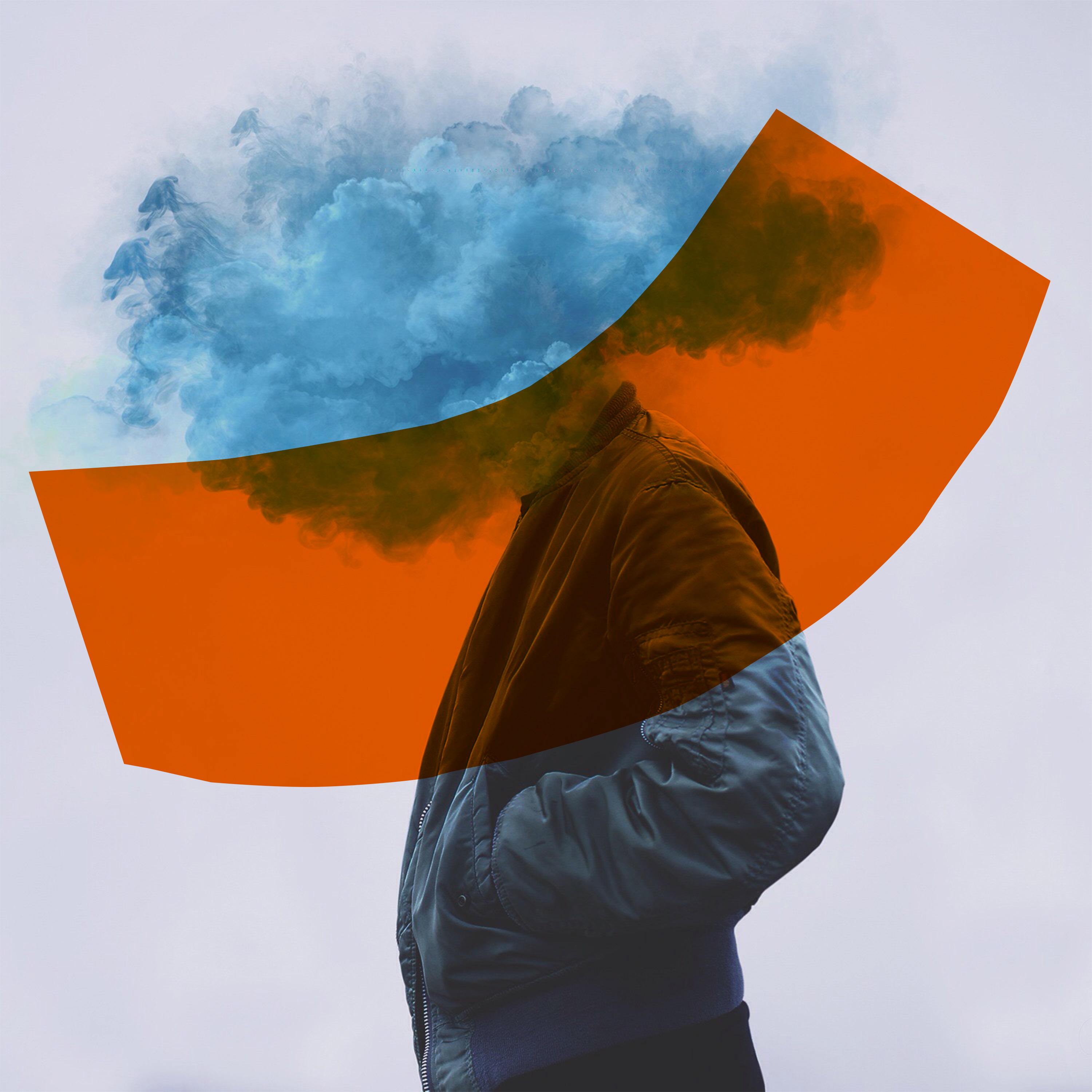Hörspiele von Deutschlandfunk und Deutschlandfunk Kultur. Die Illustration zeigt einen Menschen mit Jacke, dem anstelle von Kopf und Hals eine Rauchwolke aus dem Jackenkragen quillt