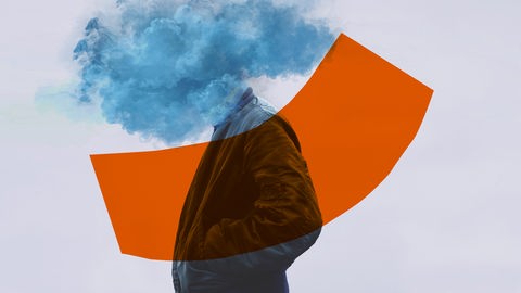 Hörspiele von Deutschlandfunk und Deutschlandfunk Kultur. Die Illustration zeigt einen Menschen mit Jacke, dem anstelle von Kopf und Hals eine Rauchwolke aus dem Jackenkragen quillt