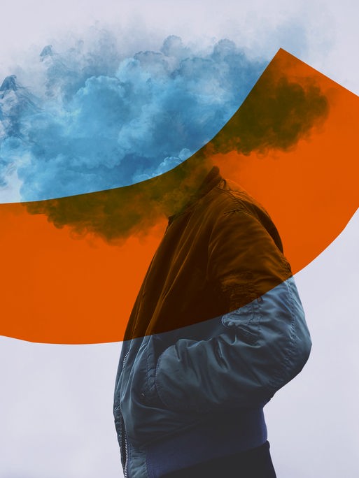Hörspiele von Deutschlandfunk und Deutschlandfunk Kultur. Die Illustration zeigt einen Menschen mit Jacke, dem anstelle von Kopf und Hals eine Rauchwolke aus dem Jackenkragen quillt