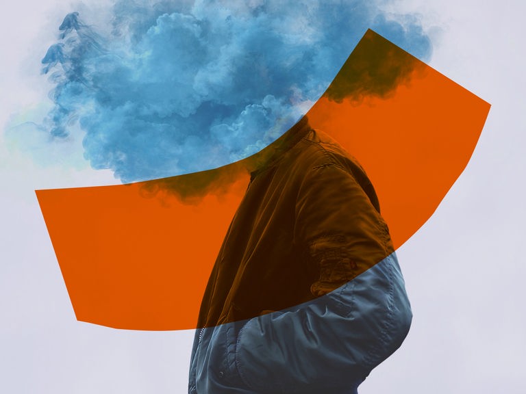 Hörspiele von Deutschlandfunk und Deutschlandfunk Kultur. Die Illustration zeigt einen Menschen mit Jacke, dem anstelle von Kopf und Hals eine Rauchwolke aus dem Jackenkragen quillt