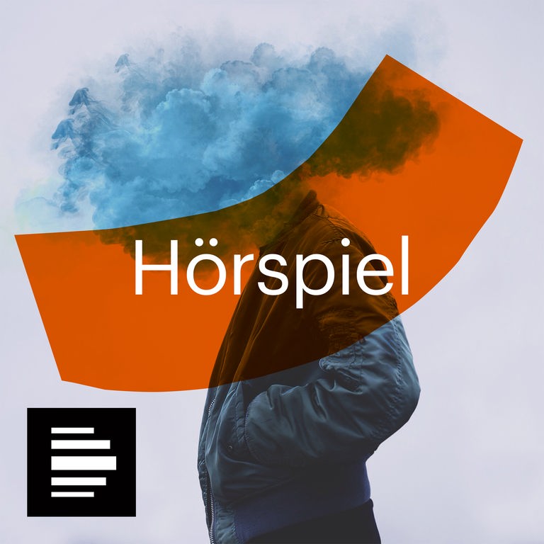 Hörspiele von Deutschlandfunk und Deutschlandfunk Kultur. Die Illustration zeigt einen Menschen mit Jacke, dem anstelle von Kopf und Hals eine Rauchwolke aus dem Jackenkragen quillt