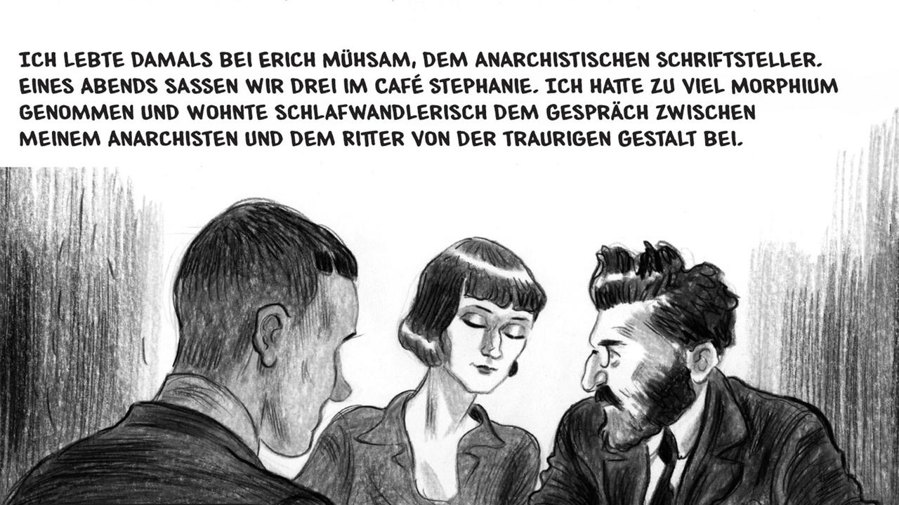 Zu sehen ist der Ausschnitt einer schwarz weißen Illustration mit der Protagonistin Emmy Ball-Hennings, zwischen Hugo Ball und Erich Mühsam.