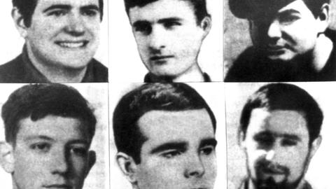 Die sechs Hauptangeklagten im sogenannten Burgos-Prozess: ( von rechts nach links oben) Francisco Javier Izko, Francisco Javier Larena Martinez, Mario Onaindia Natxiondo, Eduardo Uriarte Romero, Joaquin Gorostidi Artola und Jose Dorronsore Zeberio.
